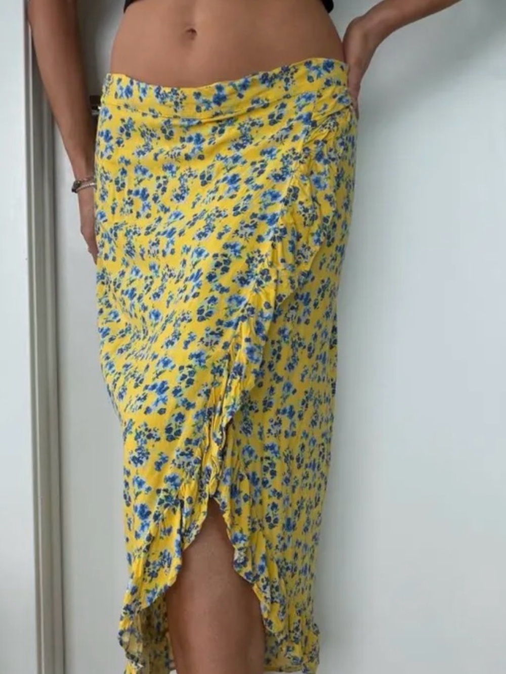 Jachs Girlfriend Yellow Wrap Skirt with Blue Floral Print